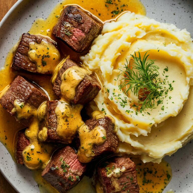 Garlic Butter Steak Bites and Mash