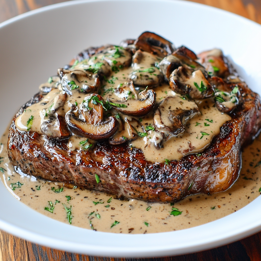 Herb-Infused Rib Eye Steak with Creamy Mushroom Sauce🍄