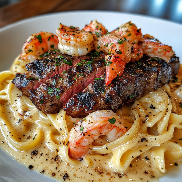 BLACKENED STEAK & SHRIMP ALFREDO