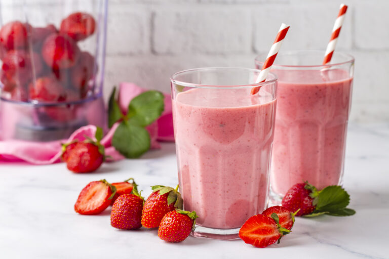 Strawberry smoothie or milkshake drink.